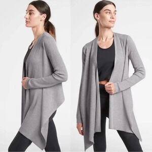 Athleta Solstice Wrap Cardigan Sweater Small Gray Merino Wool Ribbed Draped